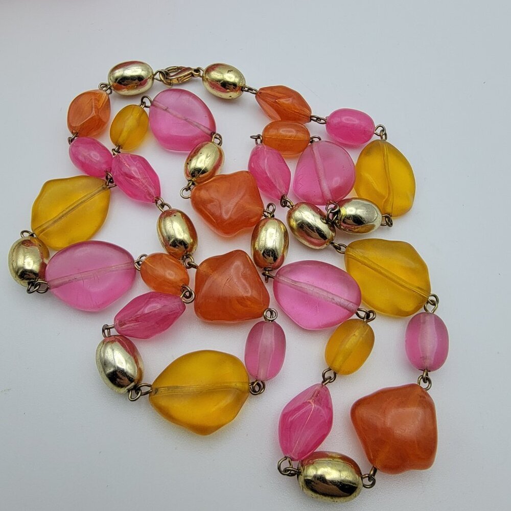 Vintage Lucite Coloful Beaded Necklace Fruit Salad Gold Tone 31 Inch - Picture 2 of 9